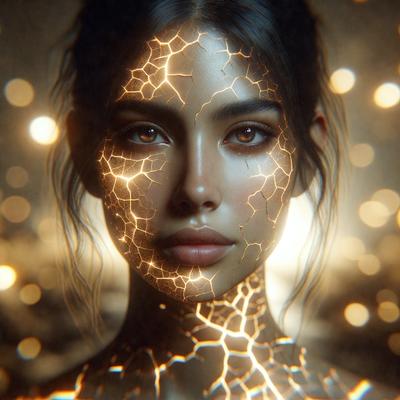 The primary subject of the image is a woman with a unique and artistic appearance. She has a pattern of light and dark on her face, giving her a striking and visually interesting look. The setting is a dark room with a background of bright lights, creating a dramatic and moody atmosphere. The visual style of the image is a combination of photo and digital art, with the woman's face being digitally manipulated to create the light and dark pattern. The colors and mood of the image are predominantly dark, with